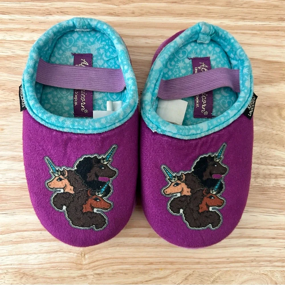 Girls Purple Unicorn Plush Slippers | Kids Size 7/8 | Cozy Fleece House Shoes